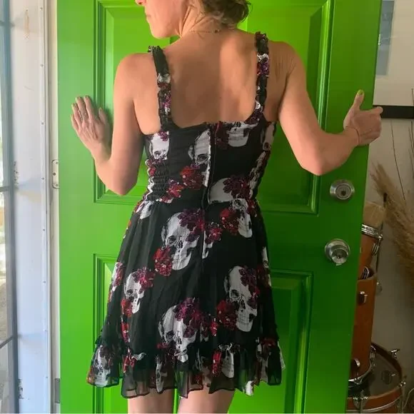 WhimsyGoth Dress Royal Bones by Daang Skull Print Sz Medium Black Chiffon - Picture 5 of 16